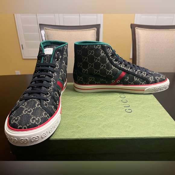 New Gucci Tennis 1977  GG Supreme Denim High Sneaker Shoes Size UK 12 / US 12.5 - Picture 8 of 16